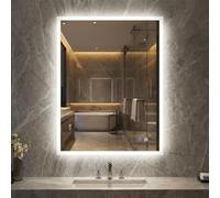 COSTWAY Bathroom Mirror with LED Lights, Anti-Fog Illuminated Wall Mounted Vanity Mirror with 3-Color Dimmable, Memory & Touch Control, Horizontal/Vertical Tempered Glass Makeup Wall Mirrors (80x60cm)