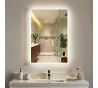 COSTWAY Bathroom Mirror with LED Lights, Anti-Fog Illuminated Wall Mounted Vanity Mirror with 3-Color Dimmable, Memory & Touch Control, Horizontal/Vertical Tempered Glass Makeup Wall Mirrors (70x50cm)
