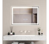 COSTWAY Bathroom Mirror with LED Lights, Illuminated Backlit Wall Mounted Vanity Mirror with 3-Color Dimmable, Time/Temp Display & Touch Sensor, IP44 Anti-Fog Rectangular LED Wall Mirror (600x400mm)