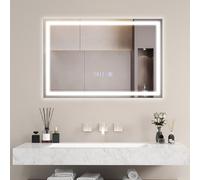 COSTWAY Bathroom Mirror with LED Lights, Illuminated Backlit Wall Mounted Vanity Mirror with 3-Color Dimmable, Time/Temp Display & Touch Sensor, IP44 Anti-Fog Rectangular LED Wall Mirror (750x500mm)