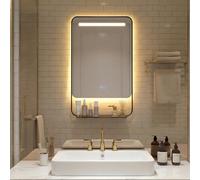 COSTWAY Bathroom Mirror with LED Lights, Illuminated Wall Mounted Vanity Mirror with 3-Color Dimmable, Touch Switch & Storage Shelf, Anti-Fog Rectangle LED Smart Makeup Wall Mirror (Black, 880x500mm)