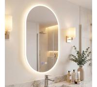 COSTWAY Bathroom Mirror with LED Lights, Oval Illuminated Backlit Wall Mounted Vanity Mirror with Anti-Fog, 3-Color Dimmable, Memory & Touch Switch, IP44 Tempered Glass Makeup Wall Mirrors (900x550mm)