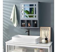 Costway Bathroom Wall Storage Cabinet Wooden Hanging Medicine Organizer W/ Mirror Grey