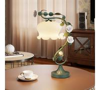 Costway Bedside Table Lamp Vintage Nightstand Lamp With Lily Of The Valley Glass Lampshade