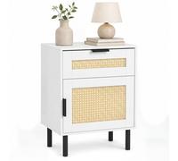 Costway Bedside Table With Rattan-Decorated Storage Drawer & Door Mid Century Modern End Table With Metal Legs