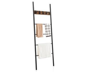 COSTWAY Blanket Ladder, 5-Tier Industrial Towel Ladder Shelf with 5 Hooks, Metal Frame Wall Leaning Blanket Towel Rack Decorative Storage Shelving Unit for Bathroom Living Room, Rustic Brown+Black