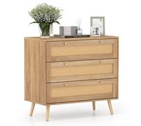 Costway Boho 3-Drawer Rattan Dresser Wooden Nightstand Side Table w/ 3 Drawers in Natural COSTWAY Natural
