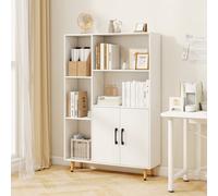 Costway Bookcase Display Cabinet With 2 Doors 119 Cm Floor Bookshelf With Cubes