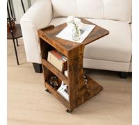 Costway C-Shaped End Table Mobile Sofa Side Table W/ Swivel Casters-Rustic Brown