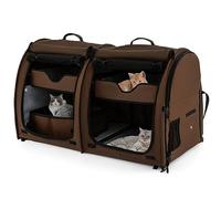 COSTWAY Cat Carrier Bag, 2 Compartments Pet Travel Carriers with Removable Hammocks and Mats, Duble-side Pad, Litter Box, Portable Dog Crate for Cats Puppy Kitten (Brown)