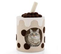 COSTWAY Cat House, Cats Condo Furniture with Rotatable Scratching Post, Dangling Ball Toy & Removable Cushion, Milk Tea Kitten Activity Centre for Indoor Cats (Coffee + Beige)