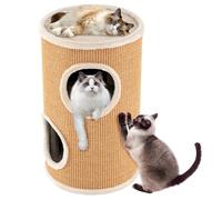 COSTWAY Cat House for Indoor Cats, 3/4-Story Cat Hideaway Cave Bed with Sisal Scratching Pad & Napping Plush Bed, Barrel-Shaped Kitten Condo Pet Playhouse (Brown, 36 x 36 x 59.5cm)