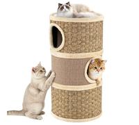 COSTWAY Cat House for Indoor Cats, 3/4-Story Cat Hideaway Cave Bed with Sisal Scratching Pad & Napping Plush Bed, Barrel-Shaped Kitten Condo Pet Playhouse (Khaki + Brown, 36 x 36 x 70cm)