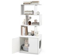 COSTWAY Cat Litter Box Enclosure, 2 in 1 Hidden Cats Washroom Furniture with 3 Storage Shelves, Side Entrance, Indoor Wooden Cat House Bookshelf (White)
