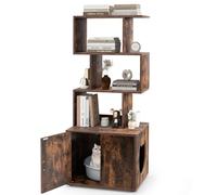 COSTWAY Cat Litter Box Enclosure, 2 in 1 Hidden Cats Washroom Furniture with 3 Storage Shelves, Side Entrance, Indoor Wooden Cat House Bookshelf (Rustic Brown)