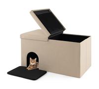 COSTWAY Cat Litter Box Enclosure, 3 in 1 Hidden Cat Washroom with Double Layer Litter Mat, Flip-up Lid, Odor Control Filter, Foldable Cats House Ottoman Shoe Bench (Beige)