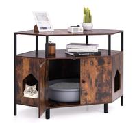COSTWAY Cat Litter Box Enclosure, Corner Hidden Cats Litter Cabinet with Open Shelf, 2 Entrances and Double Doors, Wooden Pet House Furniture for Bedroom, Living Room (Rustic Brown)