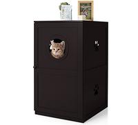 COSTWAY Cat Litter Box Enclosure Furniture, 2-Tier Kitty Hidden Washroom Toilet with Entrance Hole & Door, Indoor Cat House Storage Bench for Living Room Bathroom (Coffee)