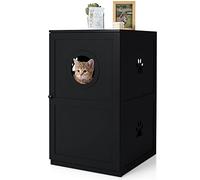 COSTWAY Cat Litter Box Enclosure Furniture, 2-Tier Kitty Hidden Washroom Toilet with Entrance Hole & Door, Indoor Cat House Storage Bench for Living Room Bathroom (Black)