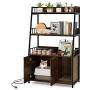 COSTWAY Cat Litter Box Enclosure, Hidden Cats Washroom Furniture with 3-tier Storage Shelves, Scratching Pad, Charging Station & Winding Entry, Wooden Cat House Bookshelf (Rustic Brown + Black)