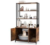 COSTWAY Cat Litter Box Enclosure, Hidden Cats Washroom Furniture with 3-tier Storage Shelves, Scratching Pad, Wooden Cat House Bookshelf (Rustic Brown)