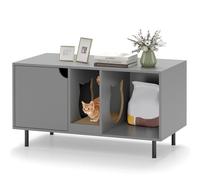 COSTWAY Cat Litter Box Enclosure, Hidden Cats Washroom Furniture with Removable Scratching Board, 2 Cabinets, Indoor Wooden Cats House End Table (Grey)
