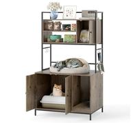 COSTWAY Cat Litter Box Enclosure, Hidden Cats Washroom Furniture with Storage Shelves, Hooks, Scratching Board, Modern Wooden Cat House Bookshelf