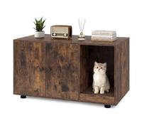 COSTWAY Cat Litter Box Enclosure, Hidden Kitty Washroom Toilet (Brown) | with Double Door Cabinet & Scratching Board, Indoor Cats House Storage Cabinet for Living Room Bedroom Hallway