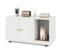 COSTWAY Cat Litter Box Enclosure, Hidden Kitty Washroom Toilet (White) | with Double Door Cabinet & Scratching Board, Indoor Cats House Storage Cabinet for Living Room Bedroom Hallway