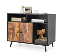 COSTWAY Cat Litter Box Enclosure, Hidden Kitty Washroom Toilet with Double Door Cabinet and Scratching Pad, Indoor Cats House Side Table Nightstand (90x50x70cm)