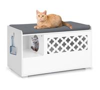 COSTWAY Cat Litter Box Enclosure, Kitty Hidden Washroom Toilet with Removable Cushion, Front Flip Open Door & Inside Cat hole, Wooden Indoor Cats House Storage Bench