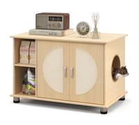 COSTWAY Cat Litter Box Enclosure, Wooden Cat Hidden Washroom with Sisal Scratching Doors, Adjustable Metal Feet, Indoor Cats House Cabinet End Table (with Storage Shelf)