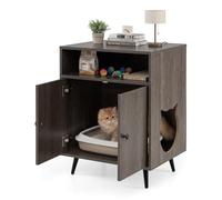 COSTWAY Cat Litter Box Enclosure, Wooden Hidden Kitty Washroom with Shelves, Cat Head-Shaped Entry, Indoor Cats House Side Table Nightstand (Oak Grey)