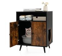 COSTWAY Cat Litter Box Enclosure, Wooden Hidden Kitty Washroom with Shelves, Cat Head-Shaped Entry, Indoor Cats House Side Table Nightstand