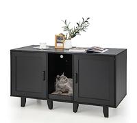 COSTWAY Cat Litter Box Enclosure, Wooden Kitty Hidden Washroom Toilet with Scratching Board, 2 Cabinets and Detachable Legs, Indoor Cats House TV Stand End Table