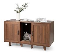 COSTWAY Cat Litter Box Enclosure, Wooden Kitty Hidden Washroom Toilet with Scratching Board, 2 Cabinets and Detachable Legs, Indoor Cats House TV Stand End Table