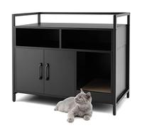 COSTWAY Cat Litter Box Enclosure, Wooden Kitty Hidden Washroom Toilet with Storage Compartments and Scratching Board, Indoor Cats House Side Table Nightstand