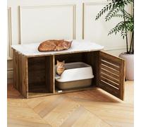 COSTWAY Cat Litter Box Enclosure, Wooden Kitty Hidden Washroom Toilet with Winding Entry & Louvered Door, Indoor Cats House Cabinet Side End Table Nightstand for Bedroom Living Room Hallway, Oak