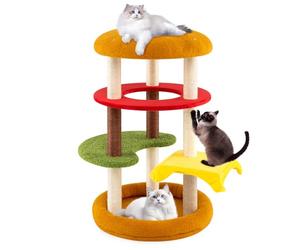 COSTWAY Cat Tree, 106cm Tall Hamburger-Theme Cats Tower | Indoor Multi-Level Kitten Climbing Stand Activity Center with Padded Perch, Plush Bed & Sisal Scratching Posts