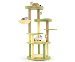 COSTWAY Cat Tree, 130cm Multi-Level Cats Tower with Jute Scratching Posts, Basket, Removable Soft Cushions, Avocado Theme Activity Climbing Stand for Indoor Cats