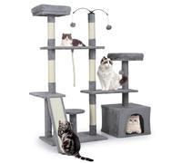 COSTWAY Cat Tree, 136cm Tall Multi-Layer Cats Tower with 2 Padded Perches, Large Condo, Sisal Scratching Posts, Ramp, Dangling Balls & Hanging Rope, Kitten Activity Center for Indoor Cats (Light Grey)