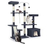 COSTWAY Cat Tree, 136cm Tall Multi-Layer Cats Tower with 2 Padded Perches, Large Condo, Sisal Scratching Posts, Ramp, Dangling Balls & Hanging Rope, Kitten Activity Center for Indoor Cats (Dark Grey)