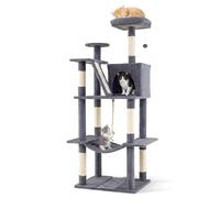 COSTWAY Cat Tree, 158cm Tall Multi-Layer Cats Tower with Plush Top Perch, Cave, Hammock, Sisal Scratching Posts & Ramp, Hanging Rope, Dangling Ball, Indoor Kitten Climbing Stand Activity Furniture