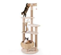 COSTWAY Cat Tree, 164cm Cats Climbing Tower with Jute Scratching Posts, Basket Bed, Dangling Balls, Hand-Woven Cattail Kitty Activity Center for Indoor Cats