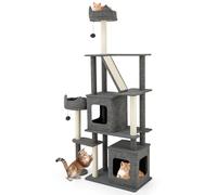 COSTWAY Cat Tree, 180cm Tall Cats Climbing Tower with 2 Perches, 2 Condos, Dangling Balls, Scratching Posts & Ramp, Indoor Multi-Level Kitten Activity Center Play House, Grey
