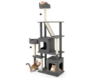 COSTWAY Cat Tree, 180cm Tall Cats Climbing Tower with 2 Perches, 2 Condos, Dangling Balls, Scratching Posts & Ramp, Indoor Multi-Level Kitten Activity Center Play House, Grey