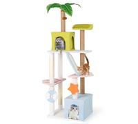 COSTWAY Cat Tree, 180cm Tall Cats Tower with Perch, 2 Condos, Ladder Board, Scratching Posts, Artificial Plant & Hanging Toys, Multi-level Beach-Themed Kitty Activity Center for Indoor Cats