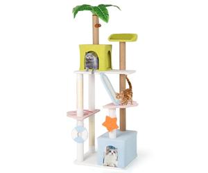 COSTWAY Cat Tree, 180cm Tall Cats Tower with Perch, 2 Condos, Ladder Board, Scratching Posts, Artificial Plant & Hanging Toys, Multi-level Beach-Themed Kitty Activity Center for Indoor Cats