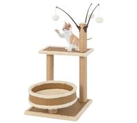 COSTWAY Cat Tree, 80cm Rattan Cats Tower with Cool Feeling Woven Platforms, Scratching Posts, Plush Cushion, Dangling Balls, Cat Furniture Activity Centre for Indoor Cats