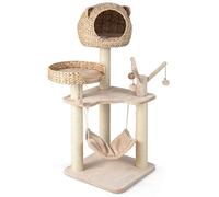 COSTWAY Cat Tree, Cats Climbing Tower with Sisal Scratching Post, Hammock and Hanging Balls, Hand-Made Cattail Cute Kitty Condo for Indoor